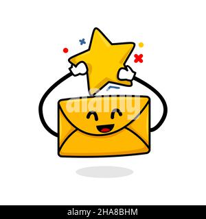 starred email concept. isolated cute mail cartoon face holding star book mark vector illustration Stock Vector