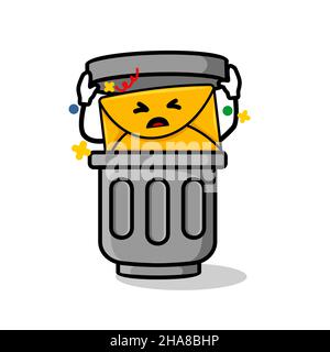 spam or junk email concept. isolated cute mail cartoon face iside rubbish bin vector illustration Stock Vector