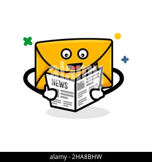 newsletter concept. isolated cute mail cartoon face reading a news letter vector illustration Stock Vector