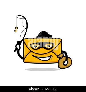 pishing email concept. isolated bad guy mail cartoon face holding fishing rod vector illustration Stock Vector