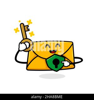 encripted email concept. isolated cute mail cartoon holding key to open envelope face vector illustration Stock Vector