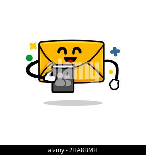 email contact address concept. isolated cute mail cartoon face holding email address book vector illustration Stock Vector