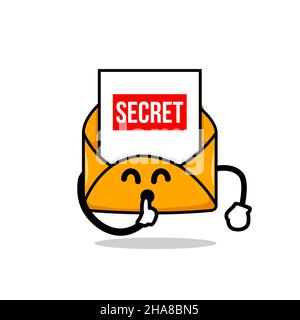 secret email concept. isolated cute mail cartoon face hushing hand vector illustration Stock Vector