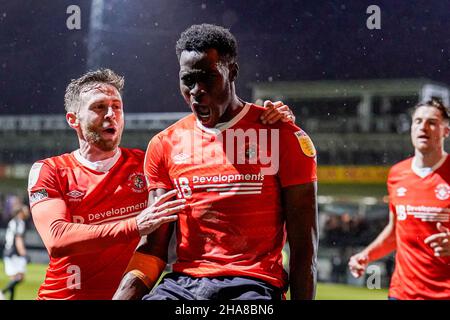 GOAL - Elijah Adebayo (11) of Luton Town celebrates after he scores his team’s first goal to make the score 1-1 during the Sky Bet Championship match between Luton Town and Fulham at Kenilworth Road, Luton, England on 11 December 2021. Photo by David Horn. Stock Photo