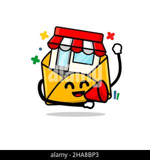 store promotion concept. isolated cute mail cartoon face holding hand speaker vector illustration Stock Vector