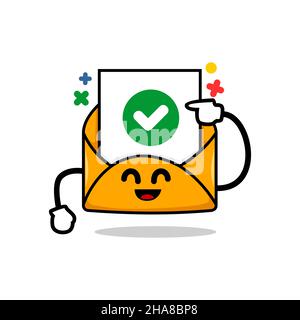 save email concept. isolated cute mail cartoon face pointing on green checked mail vector illustration Stock Vector