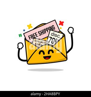 promotion email concept. isolated cute mail cartoon facewith promotions coupon vector illustration Stock Vector