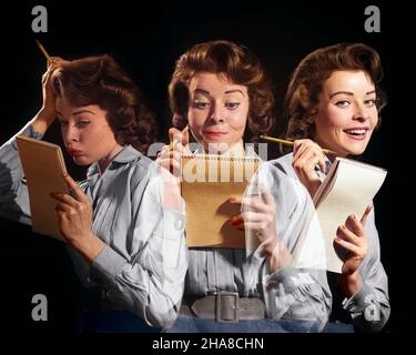 1960s 1950s TRIPTYCH OF WOMAN OFFICE WORKER HOLDING PENCIL AND NOTEPAD MAKING VARIOUS FACIAL EXPRESSIONS PRINTED THREE TIMES - o1354c DEB001 HARS NOSTALGIA OLD FASHION TIMES 1 NOTEPAD FACIAL PAD COMMUNICATION CAREER YOUNG ADULT EXPOSURE PLEASED JOY TRICK FEMALES JOBS STUDIO SHOT GROWNUP COPY SPACE HALF-LENGTH LADIES PERSONS GROWN-UP PROFESSION EXPRESSIONS WORK PLACE SKILL OCCUPATION SKILLS CHEERFUL STENOGRAPHER AND CAREERS COMPOSITE SPECIAL TRIO EFFECT OCCUPATIONS SMILES STENO MOTION BLUR JOYFUL PHOTOGRAPHY UNDERSTANDING VARIOUS DEB001 DECIPHERING DICTATION SHORTHAND STENO PAD TECHNIQUE Stock Photo