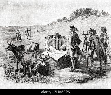 1700s JANUARY 12 1730 SURVEYORS WITH MAP AND MEASURING TOOLS AMID OXEN IN FIELD LAYING OUT BALTIMORE MARYLAND COLONIAL AMERICA - o3423 LAN001 HARS MALES PLANNING B&W FREEDOM GOALS CATTLE VISION SKILL OCCUPATION LAYING SKILLS ADVENTURE MD BALTIMORE AND TRICORN COLONY INNOVATION OPPORTUNITY AUTHORITY OCCUPATIONS OXEN HIGH TECH SURVEYING SIGHTING LEVELING SURVEYORS AMERICAS COOPERATION GROWTH PRECISION TRANSIT 1700s BLACK AND WHITE OLD FASHIONED Stock Photo