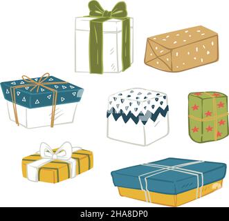 Gifts for special occasions, isolated boxes with abstract and geometric wrapping paper with ribbon bows. Presents for birthday or new year, Christmas Stock Vector