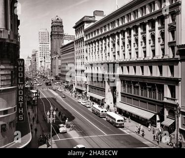1950s SHOPS ALONG MARKET STREET AT POWELL STREET LOOKING EAST FROM THE EMPORIUM ACROSS FROM WOOLWORTH’S SAN FRANCISCO CA USA - r5541 FST001 HARS TRANSPORTATION B&W NORTH AMERICA SHOPPER NORTH AMERICAN SHOPPERS PEDESTRIAN STRUCTURE HIGH ANGLE ADVENTURE PROPERTY MOTOR VEHICLE AUTOS ALONG EXTERIOR CA STORES REAL ESTATE WEST COAST STRUCTURES ACROSS AUTOMOBILES CITIES VEHICLES EDIFICE SAN FRANCISCO BUSES COMMERCE POWELL TRANSIT WOOLWORTH'S BLACK AND WHITE BUSINESSES MOTOR VEHICLES OLD FASHIONED Stock Photo