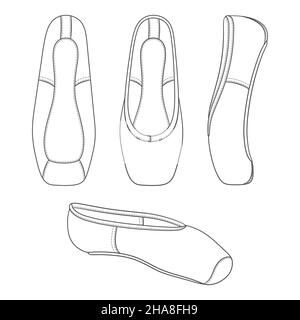 Set of black and white illustrations with pointe shoes, ballet shoes. Isolated vector objects on a white background. Stock Vector
