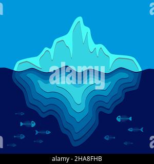 Vector background with iceberg and fish skeletons. Color illustration on the theme of ecology. Stock Vector