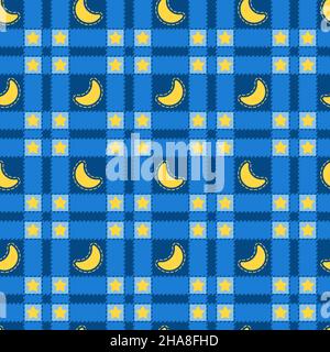 Seamless pattern of blue plaid with a yellow month and stars. Vector background. Stock Vector