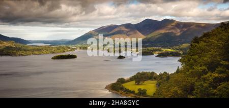 UK, Cumbria, Allerdale, elevated panoramic view of Derwent Water from Lowcrag Wood viewpoint Stock Photo