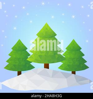 low poly Christmas trees made of triangles on a blue background with stars Stock Vector