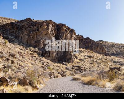 Sunny view of the landscape in Petroglyph Canyon Trail at Las Vegas ...