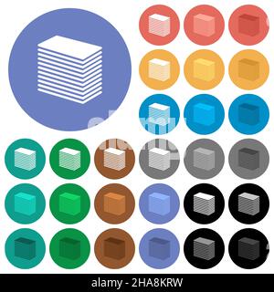 Paper stack solid multi colored flat icons on round backgrounds. Included white, light and dark icon variations for hover and active status effects, a Stock Vector