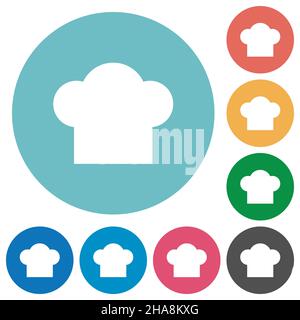 Chef hat solid flat white icons on round color backgrounds Stock Vector