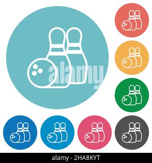 Bowling outline flat white icons on round color backgrounds Stock Vector