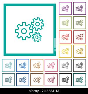 Gears flat color icons with quadrant frames on white background Stock Vector