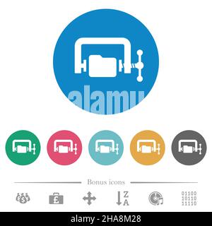 Folder compression solid flat white icons on round color backgrounds. 6 bonus icons included. Stock Vector
