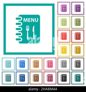 Menu with fork and knife flat color icons with quadrant frames on white background Stock Vector