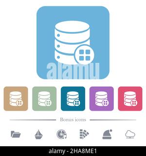 Database modules white flat icons on color rounded square backgrounds. 6 bonus icons included Stock Vector