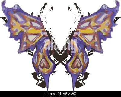 Colorful fantastic butterfly wings on white for textiles or prints. Splattered purple-orange butterfly wings for holidays and events, wallpaper, etc. Stock Photo