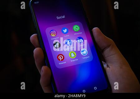 Afyonkarahisar, Turkey - December 10, 2021:Social media apps (Instagram, Twitter, Whatsapp, TikTok, Facebook, LinkedIn, Pinterest, Snapchat, Telegram) Stock Photo