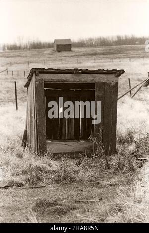 A wooden vintage dilapidated two seater outhouse in a rural setting Stock Photo