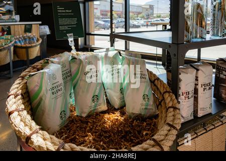 Las Vegas, APR 13 2021 - Close up shot of some roasted beans selling in the Starbucks Coffee Stock Photo