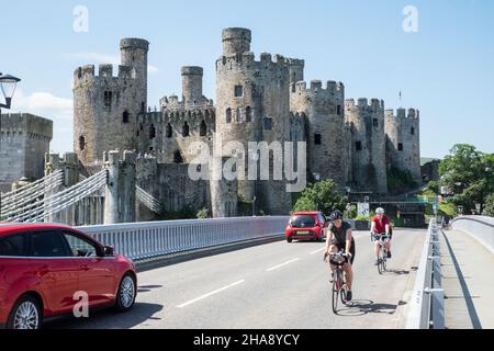 Conway,Conwy,Conwy Castle,Conway Castle,castle walls,walls,coast,coastal,market,town,Conwy County,Conway County,North,Wales,Welsh,GB,Great Britain,Britain,British,UK,United Kingdom, Stock Photo