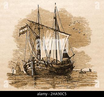 A late 19th century illustration of a Dutch fishing boat known as a DOGGER. Used mainly in the North Sea, it was similar to a  clinker built ketch but   gaff-rigged on the main-mast, and carrying a lug sail on the mizzen, with two jibs on a long bowsprit. The British Royal Navy used some of these vessels fitted with cannons  during the 17th century. It also found use as a goods carrier in the English Channel Stock Photo