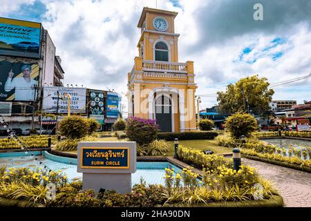 Phuket, Thailand - December 2021: Phuket Town Clock Tower in the roundabout in Phuket Town center, Thailand. A landmark of Phuket town, Stock Photo