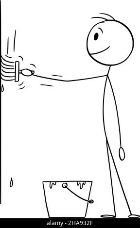 Person or Pinter Painting Wall with Brush , Vector Cartoon Stick Figure Illustration Stock Vector