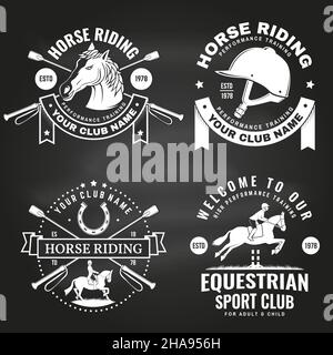 Set of Horse riding sport club badges, patches, emblem, logo. Vector illustration. Vintage monochrome equestrian label with rider, helmet and horse Stock Vector