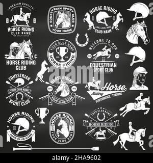 Set of Horse riding sport club badges, patches, emblem, logo. Vector illustration. Vintage monochrome equestrian label with rider, helmet and horse Stock Vector