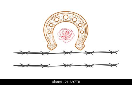 Horse shoe with rose flower and wire logo vector design Stock Vector