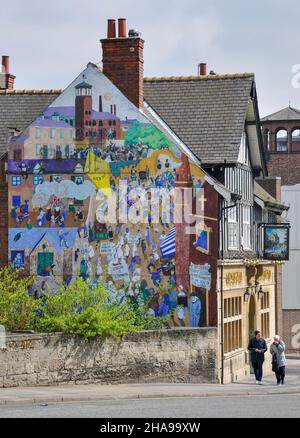 Old Silk Mill Pub with mural on side, Full Street, Derby, Derbyshire, England, United Kingdom Stock Photo