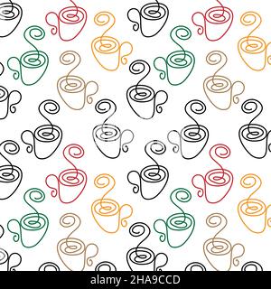 Abstract Seamless pattern of multicolored cups in a minimalistic line art style in one continuous line on white background. Repeating texture for design of wrapping paper, napkins, menus, fabrics. Vector graphics. Vector illustration. Stock Vector