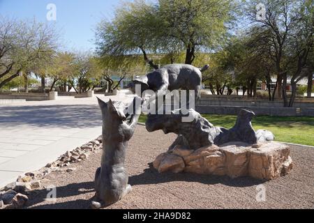 A statue sculpture at the McKale Center on the campus of Arizona, Tuesday, March 2, 2021, in Tucson, Ariz. The arena is the home of Arizona Wildcats basketball, volleyball and gymnastics programs. Stock Photo