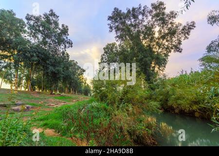 Sunset view of the Jordan River with eucalyptus trees and clouds. Northern Israel Stock Photo