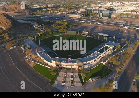 An aerial view of Tempe Diablo Stadium, Tuesday, Mar. 2, 2021, in Tempe, Ariz. The complex is the spring training home of the Los Angeles Angels. Stock Photo