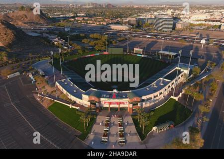 An aerial view of Tempe Diablo Stadium, Tuesday, Mar. 2, 2021, in Tempe, Ariz. The complex is the spring training home of the Los Angeles Angels. Stock Photo