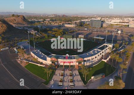 An aerial view of Tempe Diablo Stadium, Tuesday, Mar. 2, 2021, in Tempe, Ariz. The complex is the spring training home of the Los Angeles Angels. Stock Photo