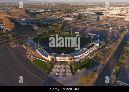 An aerial view of Tempe Diablo Stadium, Tuesday, Mar. 2, 2021, in Tempe, Ariz. The complex is the spring training home of the Los Angeles Angels. Stock Photo