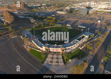 An aerial view of Tempe Diablo Stadium, Tuesday, Mar. 2, 2021, in Tempe, Ariz. The complex is the spring training home of the Los Angeles Angels. Stock Photo