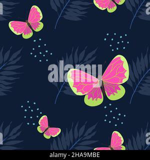 Seamless vector pattern with bright butterflies and palm leaves. Bright tropical banner on a dark background. Stock Vector