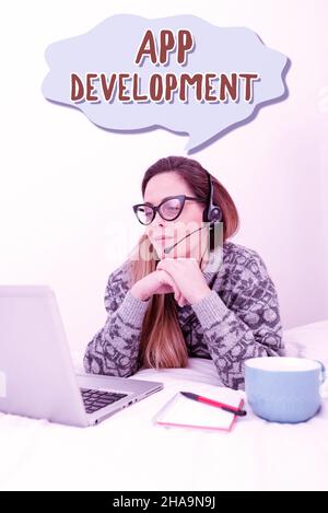 Handwriting text App Development. Business idea Development services for awesome mobile and web experiences Callcenter Agent Working From Home Stock Photo